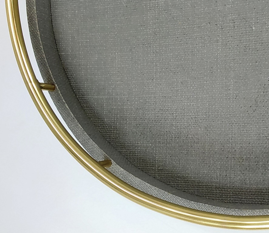 Faux raffia round tray with circle brass handles in Light Grey color