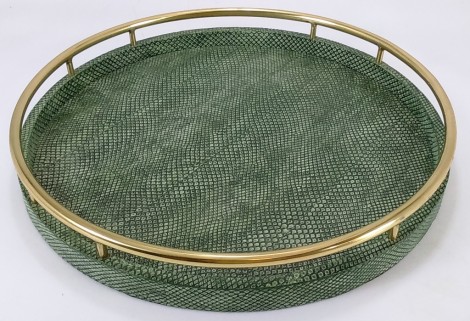 Faux Boa skin round tray with circle brass handles in Moss Green color